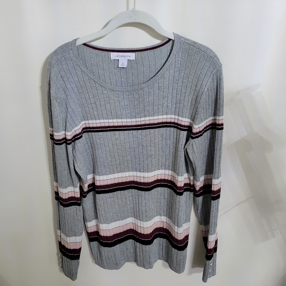 Liz Claiborne Light Gray Ribbed Sweater with Pink and Burgundy Stripes, Size XL